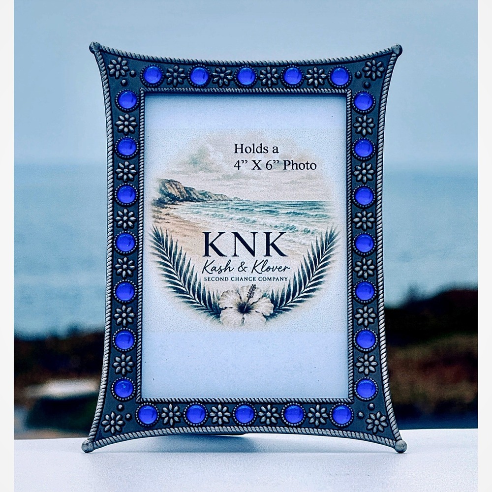Blue Cabochon Flower Pewter Metal Picture Frame 4x6 Silver Boho Vintage Style